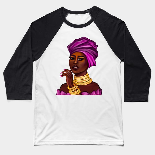 Queen Black is beautiful black girl with Gold bangles, neck ring necklace, purple dress and head wrap, brown eyes and dark brown skin ! Baseball T-Shirt by Artonmytee